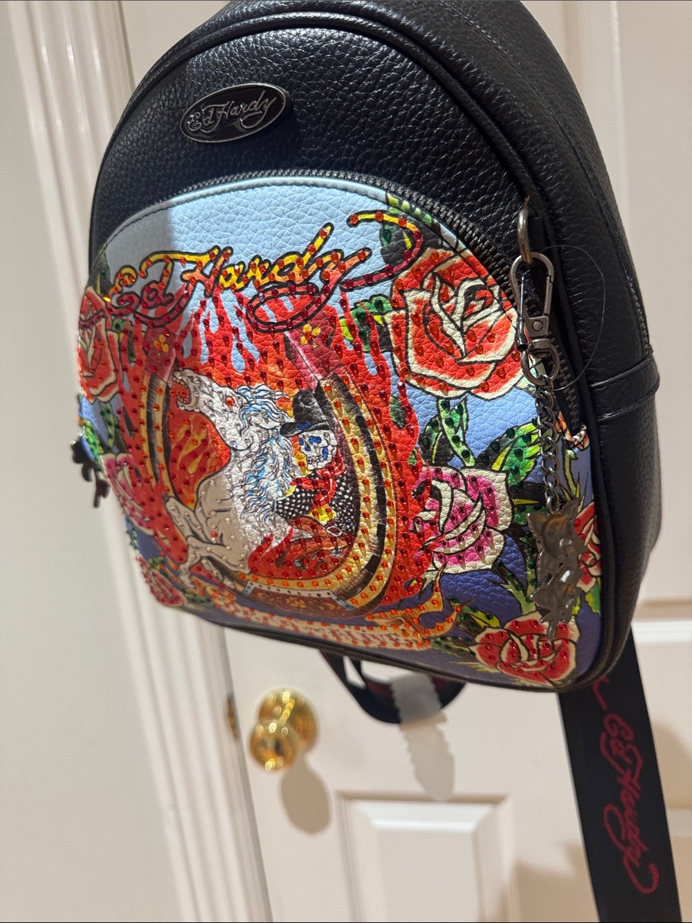Ed Hardy Black Mini Backpack with Multicolor Unicorn Print